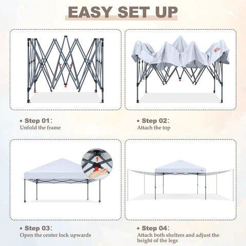 Pop Up 10x10 Canopy Tent With Center Lock Easy One Person Setup showing step-by-step assembly process.