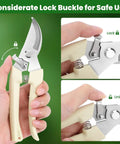 Hand holding 2 Pack Garden Pruning Shears With Sharp Bypass Blades, showing lock and unlock mechanism for safe use.