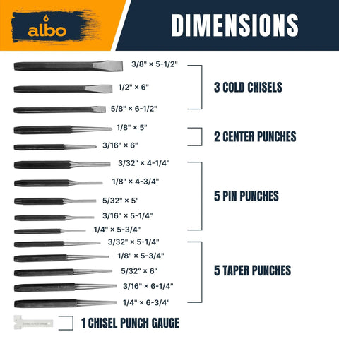 Must Have 16 Piece Punch And Chisel Kit dimensions with chrome vanadium punches, chisels, center punches, and gauge