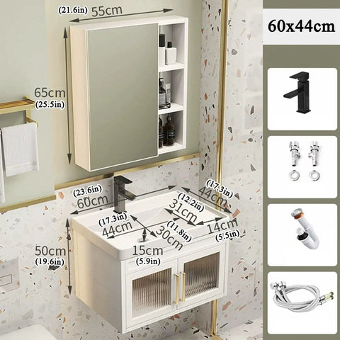 Slick Wall Mounted Bathroom Sink Combo, 60x44cm ceramic vanity with swing front mirror cabinet and storage shelves.