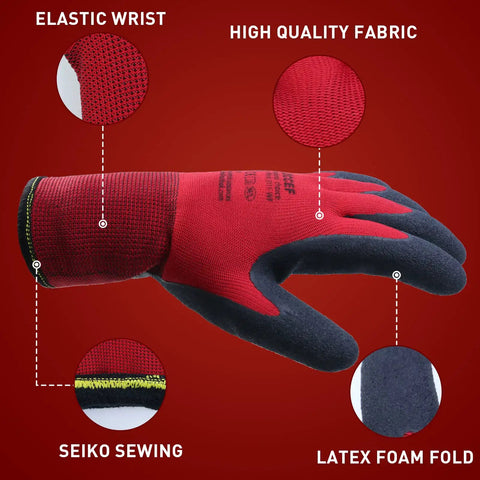 Red thermal work glove with elastic wrist, high-quality fabric, latex foam palm, and detailed seiko sewing on red background.