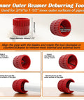 Pro Grade Depth Gauge And Pipe Deburring Tool Kit With Six Size Depth Gauge Set And Chamfer Reamer For Copper PVC CPVC PPR Brass Aluminum Tubing From Three Sixteenth Inch To One And A Half Inch Inner And Outer, showing red reamer tool with size dimensions for pipe deburring, detailed views on different sides and application on pipe.