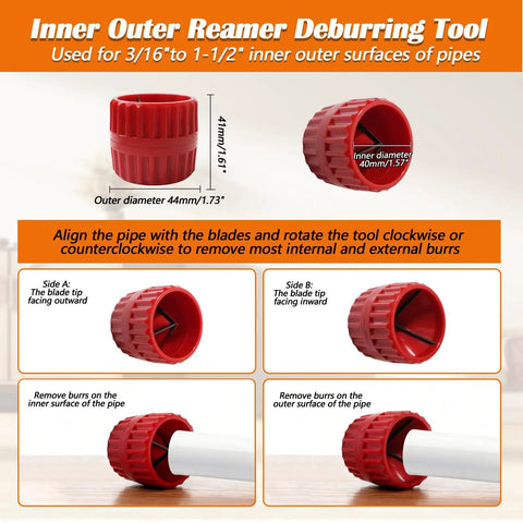 Pro Grade Depth Gauge And Pipe Deburring Tool Kit With Six Size Depth Gauge Set And Chamfer Reamer For Copper PVC CPVC PPR Brass Aluminum Tubing From Three Sixteenth Inch To One And A Half Inch Inner And Outer, showing red reamer tool with size dimensions for pipe deburring, detailed views on different sides and application on pipe.