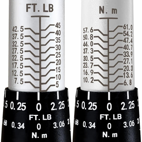 Close-up of dual scale for Click Torque Wrench Three Eighths Inch Drive Pro Grade With 72-Tooth Ratchet, Auto Torque Lock.