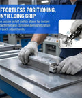 Worker adjusts Beefy 300kgf Magnetic Welding Base Clamp With On Off Switchable Handle For Positioning Fixing And Lifting Iron Plates.