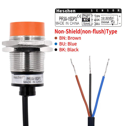 Industrial Grade M30 Inductive Proximity Sensor Switch PR30-15DP2 with wiring diagram and specs, 15mm detection, DC 12-24V