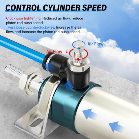 Three Pack Push To Connect Air Line Fittings With One Quarter Inch Tube Outer Diameter And One Eighth Inch NPT Threads 90 Degree Elbow For Easy Air Flow installed on cylinder