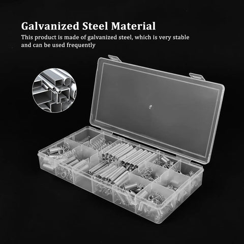 Get Your Garage Ready With This Awesome 200 Piece Spring Assortment Kit Featuring 20 Diverse Sizes From 4 Mm To 9 Mm, Made Of Heavy Duty Galvanized Steel For Tough Automotive Repairs And DIY Maintenance Projects That Need Some Serious Tensile Strength. Open organizer with galvanized steel springs