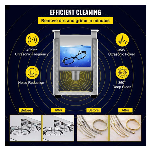 Slick 800Ml Ultrasonic Cleaner With 35W Power And 40Khz Waves cleaning glasses with 360° deep clean and noise reduction features.