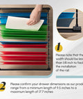 Badass Heavy Duty Adjustable File Cabinet Drawer Rails Set Contains Twelve Solid Metal Slides for slick setup shown with colored files.