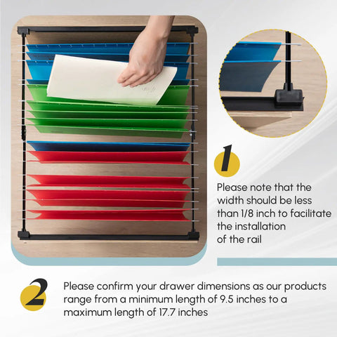 Badass Heavy Duty Adjustable File Cabinet Drawer Rails Set Contains Twelve Solid Metal Slides for slick setup shown with colored files.