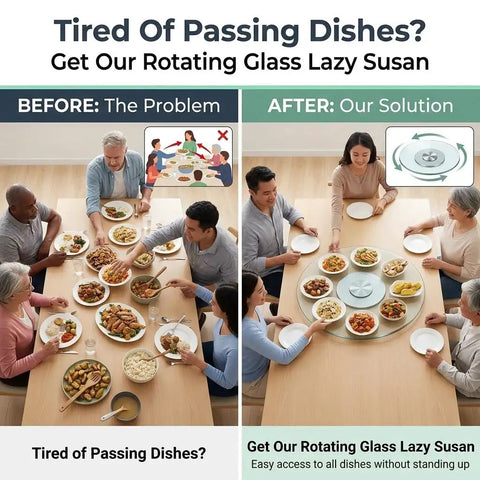 360 Degree Silent Spinner Glass Lazy Susan For Tabletop in use on dining table with food before and after comparison image