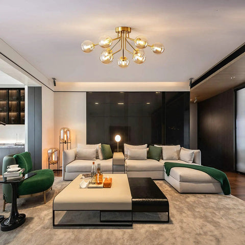 Sleek 9 Light Sputnik Chandeliers With Dope Brass Finish And Glass Globe Orbs Modern Mid Century Ceiling Light Fixture