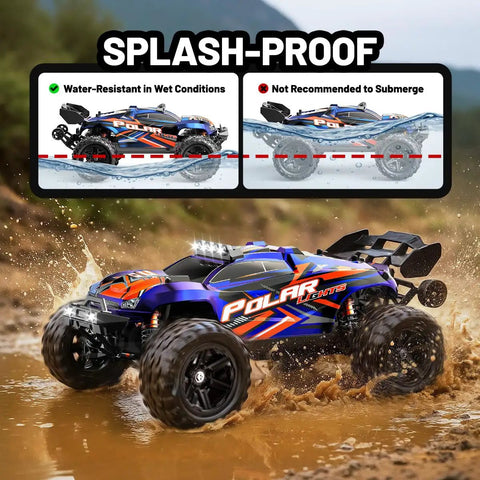 All Terrain 1 To 14 Scale RC Truck With 4WD For Off Road Fun, demonstrating splash-proof feature in wet conditions