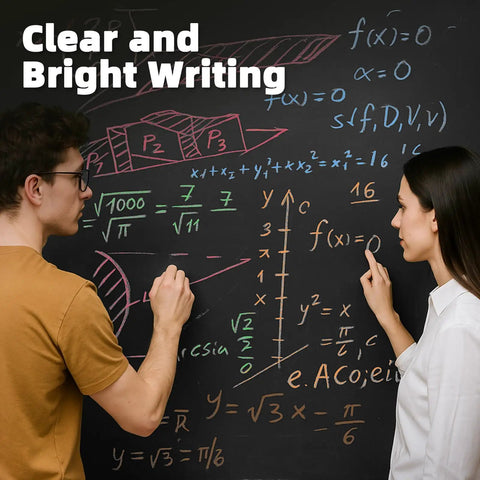 Two people writing equations on a blackboard with Colorful Dustless Chalk Set 100 Pieces In 10 Rich Colors Non Toxic.