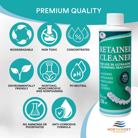 Mint Ultrasonic Retainer Cleaner Solution Concentrate For Ultrasonic Machines bottle next to eco-friendly feature icons