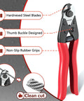 Beefed-Up 550 Ft One Eighth Inch T316 Stainless Steel Cable Cutter with red handles and non-slip rubber grips, close-up view