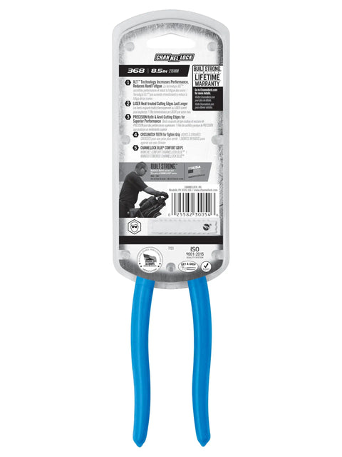 Packaging back of Workhorse Linemen's Pliers With High Leverage Side Cutting 8.5 Inch Precision Knife Anvil Cutting Xtreme Leverage