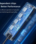 Four Port USB 3.0 Hub Splitter For Laptop, Xbox, And PC Accessories, Plug And Play USB Expansion Not For Charging, inside view showing independent chips.