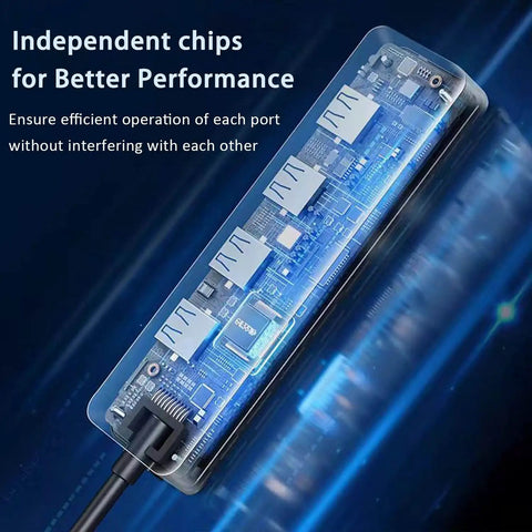 Four Port USB 3.0 Hub Splitter For Laptop, Xbox, And PC Accessories, Plug And Play USB Expansion Not For Charging, inside view showing independent chips.