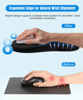 Side view of ergonomic mouse pad with wrist rest for all day comfort, slope design memory foam support, smooth Lycra surface