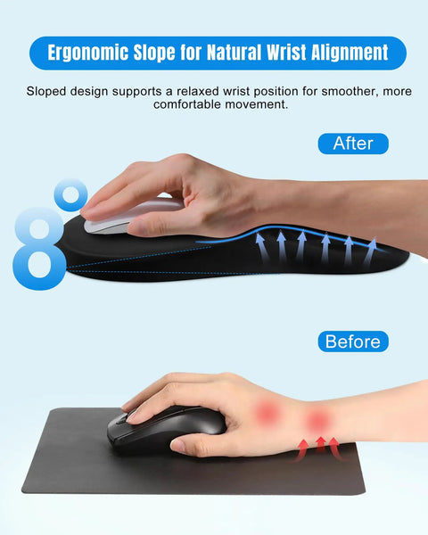 Side view of ergonomic mouse pad with wrist rest for all day comfort, slope design memory foam support, smooth Lycra surface