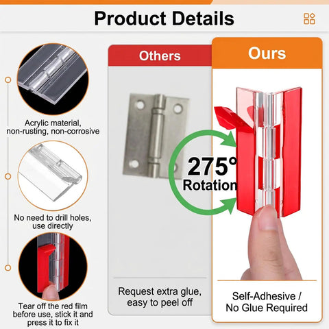 Clear self adhesive plastic hinges 65x40mm acrylic transparent folding hinges with 275° rotation shown in usage