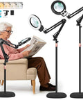 2 In 1 Floor Magnifying Glass With Light And Stand, Dual Knob Dimmable 12X And 30X Large Lighted Magnifier in use by woman reading