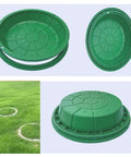 Built Tough Invisible Manhole Cover For Outdoor Use, Durable resin drainage basin lid in green, shown from various angles.