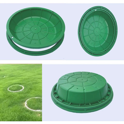 Built Tough Invisible Manhole Cover For Outdoor Use, Durable resin drainage basin lid in green, shown from various angles.