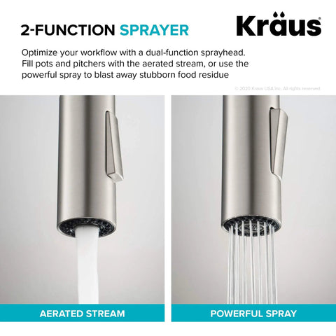 Game Changer Stainless Steel Pull Down Kitchen Faucet With Spot Free Brushed Finish And Full Range Swivel Spout showing aerated stream and powerful spray.