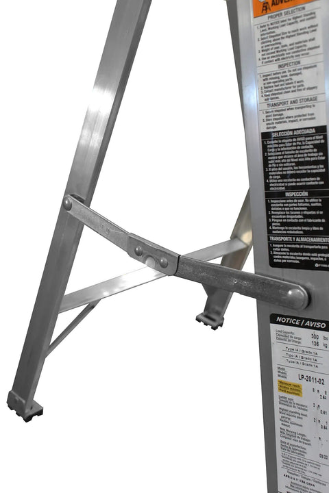 Heavy Duty Industrial Step Ladder corner detail; Rock Solid 2 Step Aluminum Work Stool with 300 Pound Load Rating.