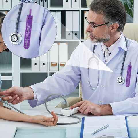 Must Have ECG Caliper For Nurses And Doctors A Pro Grade Stainless Steel Electrocardiogram Divider With Ruler To Measure EKG Wave Segments, Protective Cover, Purple Finish For Medical Students And Healthcare Pros on doctor coat