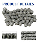 Close-up of steel 420 chain from Sprocket Chain Combo Kit for off road dirt bikes with 420 chain and 30 tooth rear sprocket.