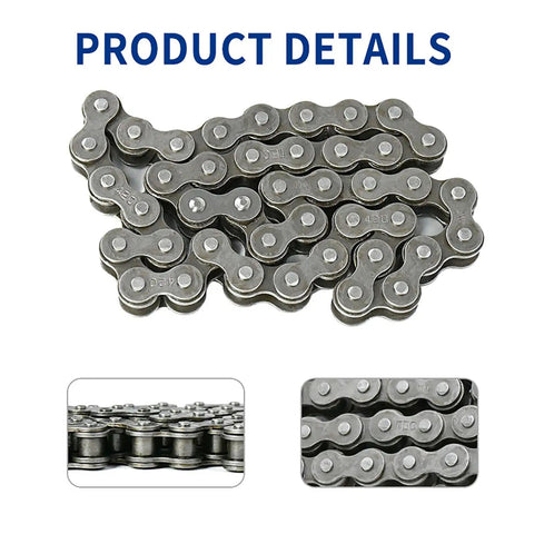 Close-up of steel 420 chain from Sprocket Chain Combo Kit for off road dirt bikes with 420 chain and 30 tooth rear sprocket.