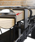 Close-up of under desk cable management tray with clamps showing foam padding and quick clamp install to reduce clutter