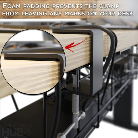 Close-up of under desk cable management tray with clamps showing foam padding and quick clamp install to reduce clutter