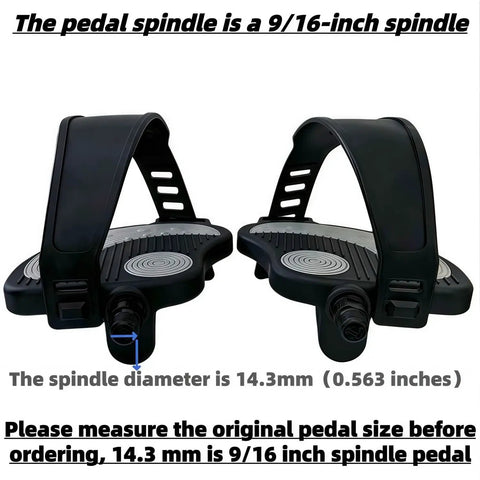 Heavy Duty Indoor Bike Pedals With Adjustable Straps And Dual Spindle Sizes For Peloton Schwinn And Spin Bikes Durable PP Plastic Body With Nylon Straps Built To Last 500 Pound Capacity, showing 9/16 inch spindle