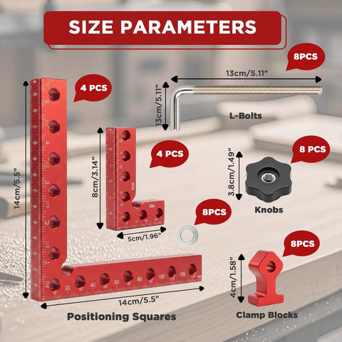 Size parameters of 8 Pack Premium Corner Clamps For Woodworking, Precision 90 Degree Right Angle Positioning Squares in Aluminum Alloy.