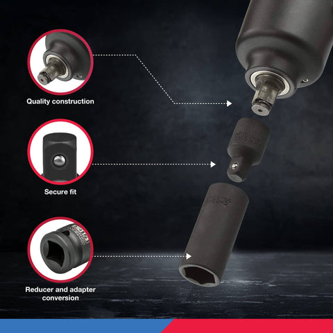 Impact Socket Adapter Set For Quarter Inch Three Eighths Inch Half Inch CrV Steel Locking Reducers For Wrenches And Ratchets Converts SAE Sizes For Automotive Work Square Drive Heavy Duty Garage Tool Kit For Impact Drivers showing reducer and adapter conversion with secure fit and quality construction.