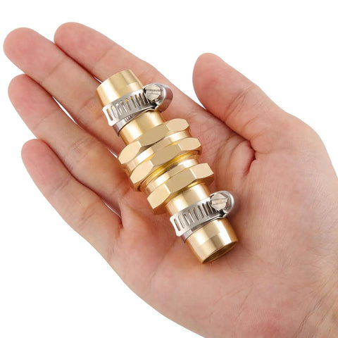 Hand holding Garden Hose Repair Kit With Clamps, 2 Set, Aluminum Copper-Look Connectors For 3/4 Inch Or 5/8 Inch Fittings
