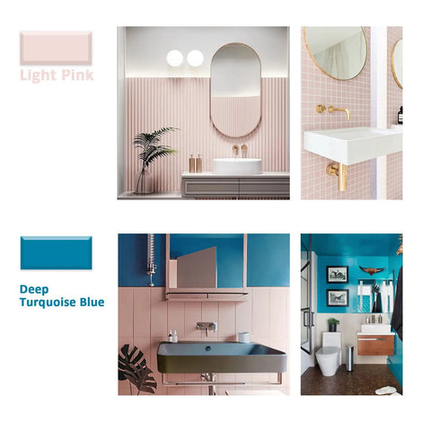Bathroom decor ideas featuring light pink and deep turquoise blue color palettes.