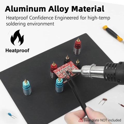 Magnetic PCB Holder Set for Soldering Six Piece Hands Free Work Station with aluminum stands and circuit board in use.