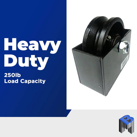 Heavy duty cast iron V groove gate wheel with cover box and 250lb load capacity for residential gates.