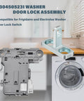 Replacement Washer Door Latch Lock Switch Assembly fixes stubborn doors for 5304505231 models, viewed with washing machine in background.