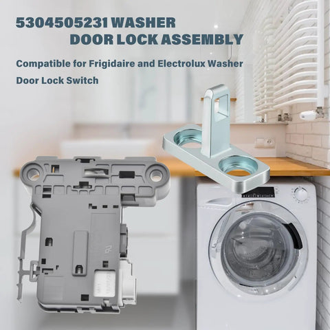 Replacement Washer Door Latch Lock Switch Assembly fixes stubborn doors for 5304505231 models, viewed with washing machine in background.
