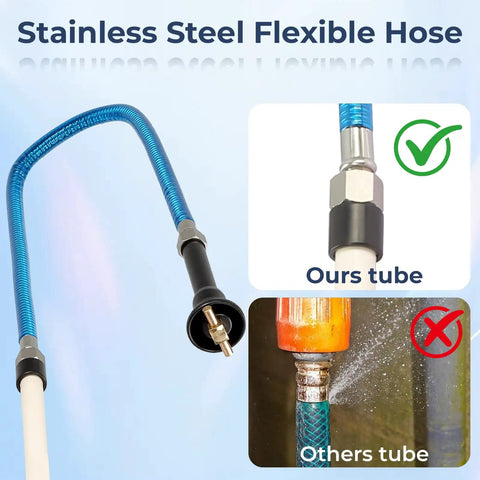 RV Tank Wand Sprayer With Swivel Head 60 Inch Backflow Preventer Leak Proof For Black Water Tank Cleaning depicting flexible steel hose.