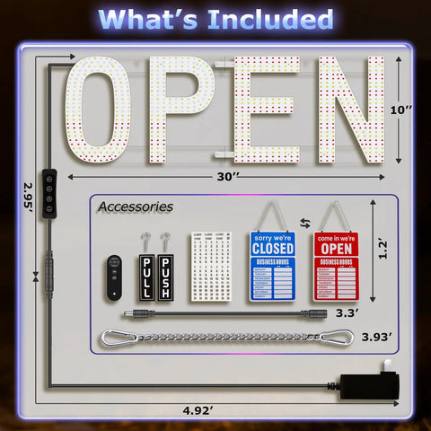 Large 30 By 10 Inch LED Open Sign With Remote, 12 Scene Modes, Ultra Bright Blue White Red US Flag Style Open Sign Accessories