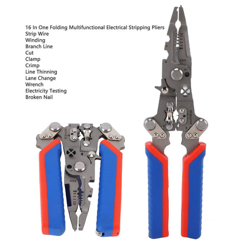 Ftvogue 16 In 1 Multifunctional Wire Stripping Pliers Folding Tool with blue and red handles for cutting and crimping cables.