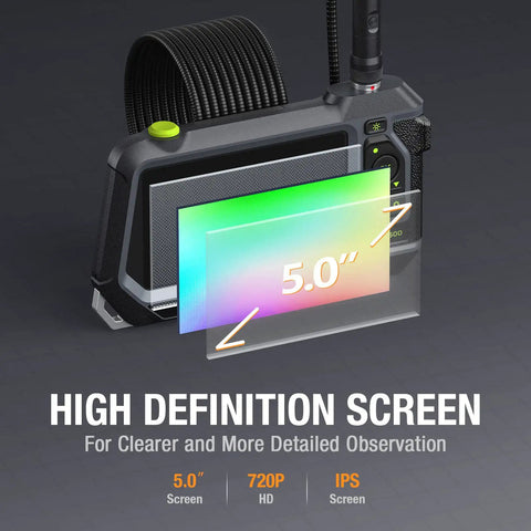 Dual Lens Endoscope With 5 Inch Monitor And Front And Side View Borescope Camera Waterproof 9.8 Ft Probe 5 Inch IPS LCD Screen And Case The Go To Tool For Auto Maintenance Home Inspections Electrical Work And DIY. black 5-inch IPS LCD endoscope monitor with 9.8 ft probe